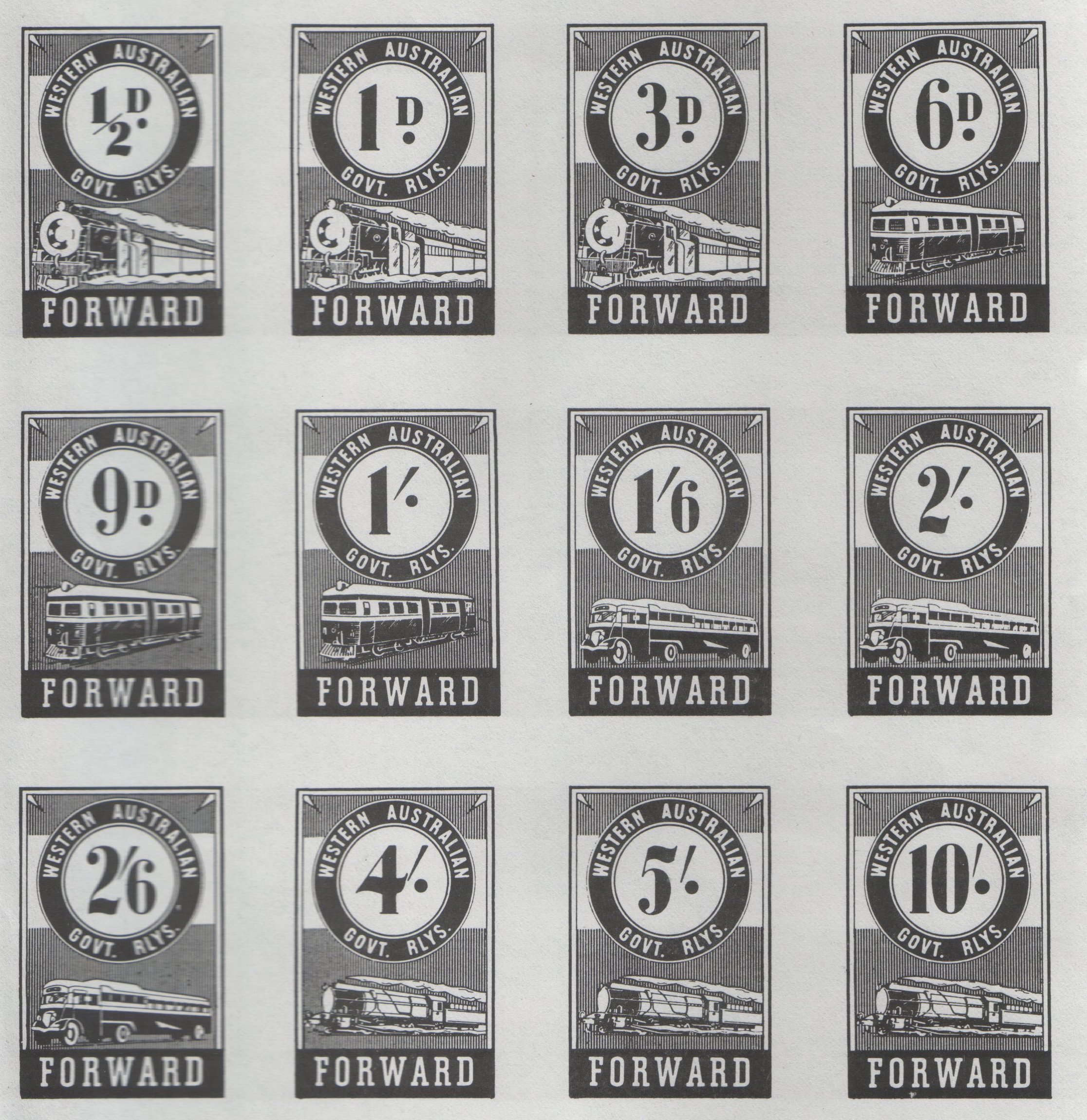 Western Australia Government Railways Original Proposed Third Series Railway Parcel Post Stamps (4 values)